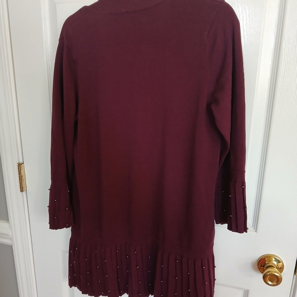 Chicos Eggplant Purple Open Front Pleated Faux Pearl Long Duster Cardigan Casual - Picture 8 of 8